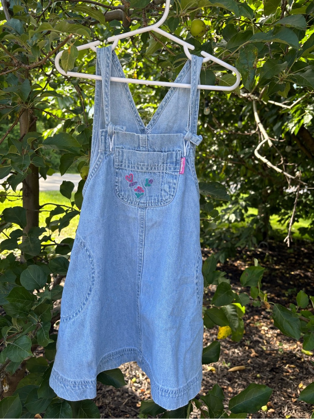 Vintage Osh Blue Denim Kids Overall Dress with Embroidered Hearts